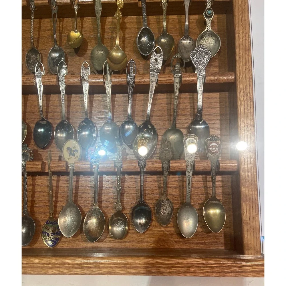 Collectible Souvenir Spoons with Wooden Display Case 44 Spoons Total